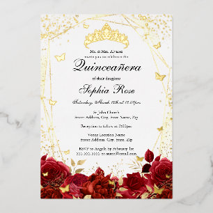 Blume Rot Gold Tiara Quinceanera  Folieneinladung