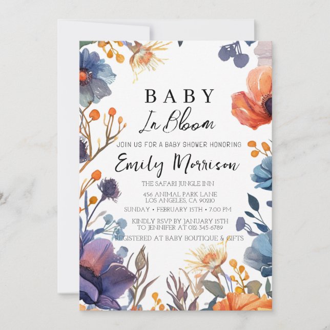 Blume Rot und Blau Babydusche Einladung (Vorderseite)