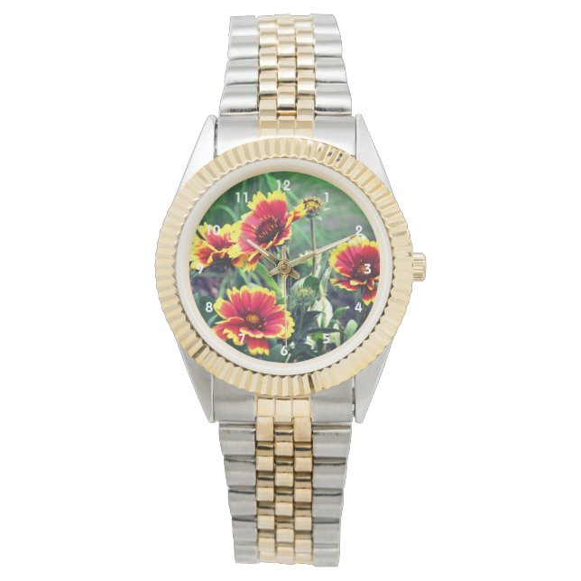 Blume Rot und Gelb Gaillardia Blanket Armbanduhr (Vorderseite)