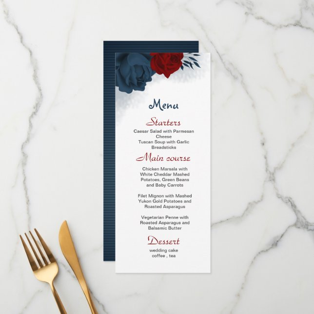 Blume Rot und Marine Hochzeit Menükarte (Vorderseite/Rückseite Beispiel)