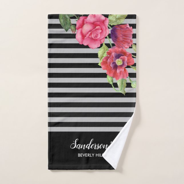 Blume Rot und Rosa, schwarze graue Streifen Badhandtuch Set (Handtuch)
