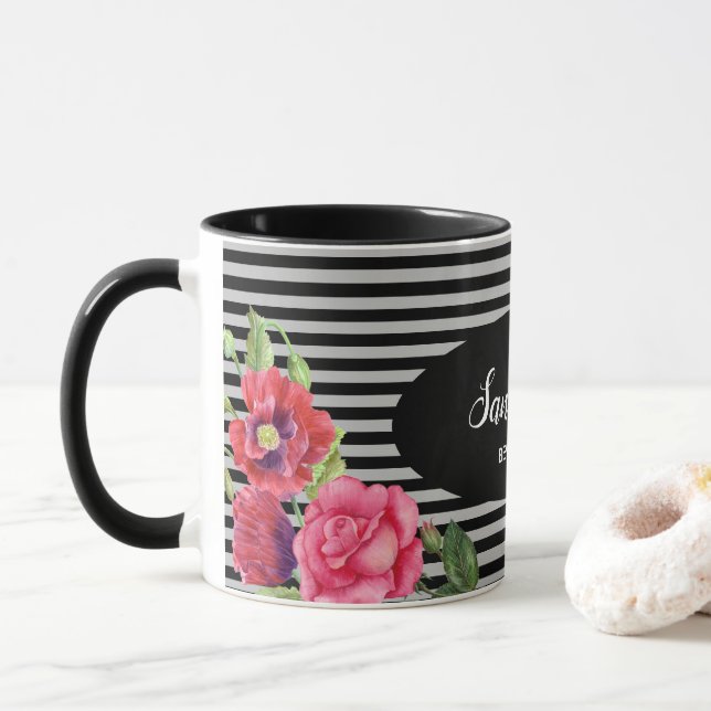 Blume Rot und Rosa, schwarze graue Streifen Tasse (Mit Donut)