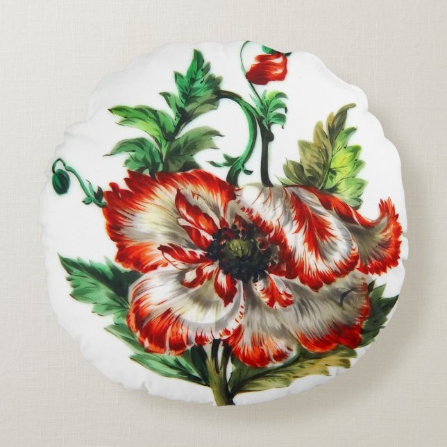 Blume Rot und Weiß Mohn Art Rundes Kissen (Vorderseite)