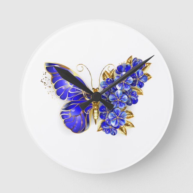 Blume Sapphire Butterfly Runde Wanduhr (Vorderseite)