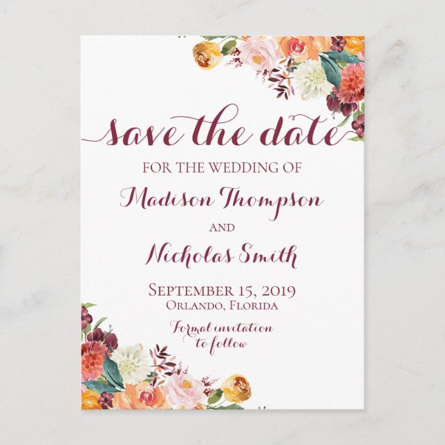 Blume Save the Date Postkarten fallen, orange rosa (Vorderseite)