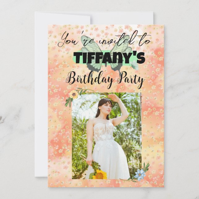 Blume & Schmetterling Einladung zum Geburtstag (Vorderseite)