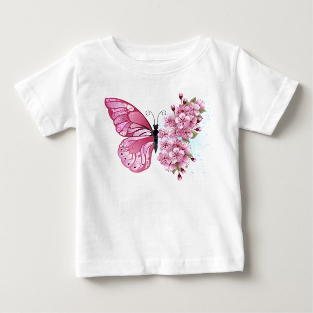 Blume Schmetterling mit rosa Sakura Baby T-shirt (Vorderseite)