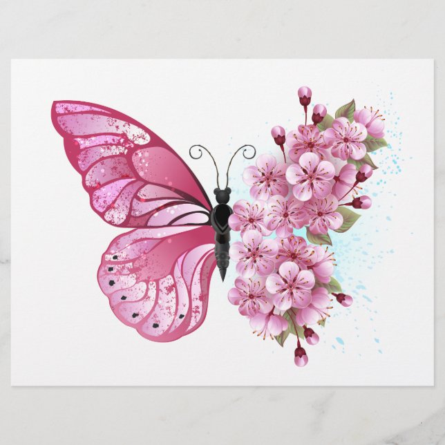 Blume Schmetterling mit rosa Sakura Briefbogen (Vorderseite)