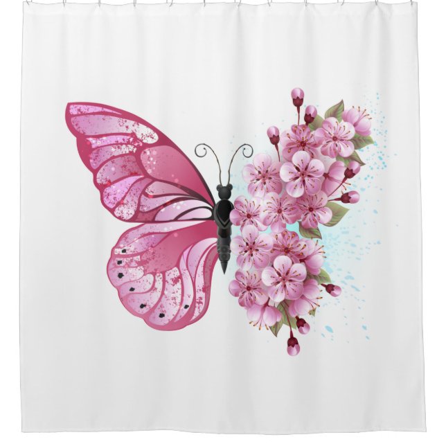Blume Schmetterling mit rosa Sakura Duschvorhang (Vorderseite)