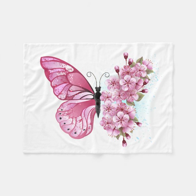 Blume Schmetterling mit rosa Sakura Fleecedecke (Vorderseite (Horizontal))