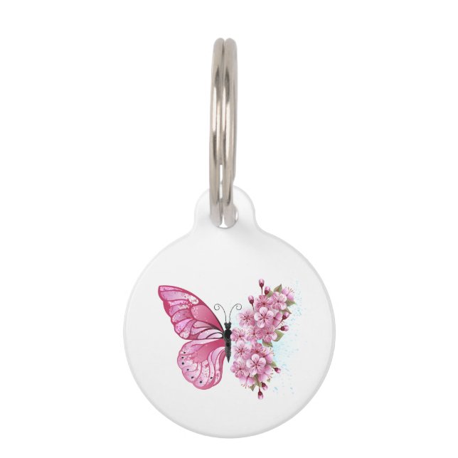 Blume Schmetterling mit rosa Sakura Haustiermarke (Vorderseite)