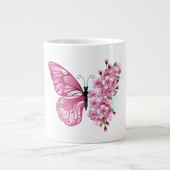 Blume Schmetterling mit rosa Sakura Jumbo-Tasse (Vorderseite)