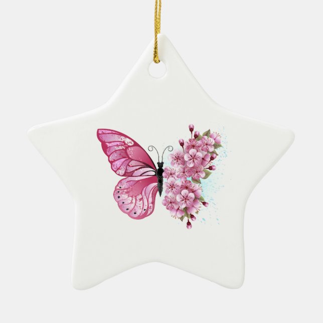 Blume Schmetterling mit rosa Sakura Keramik Ornament (Vorne)