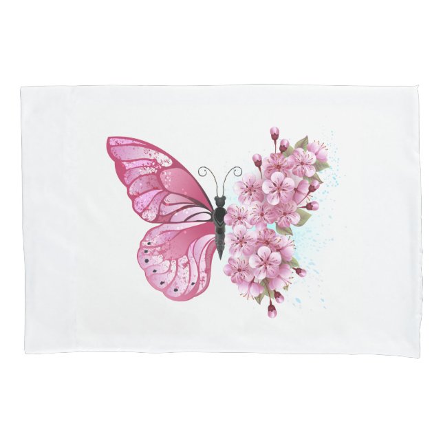 Blume Schmetterling mit rosa Sakura Kissenbezug (Vorderseite)