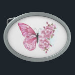 Blume Schmetterling mit rosa Sakura Ovale Gürtelschnalle<br><div class="desc">Blume des rosa Schmetterlings mit rosafarbenen japanischen Kirschblüten auf weißem Hintergrund.</div>