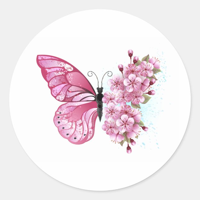 Blume Schmetterling mit rosa Sakura Runder Aufkleber (Vorderseite)
