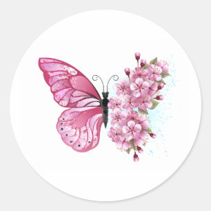 Blume Schmetterling mit rosa Sakura Runder Aufkleber