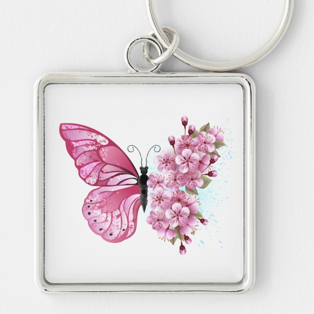 Blume Schmetterling mit rosa Sakura Schlüsselanhänger (Vorne)