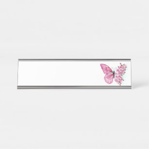 Blume Schmetterling mit rosa Sakura Schreibtischnamensplakette