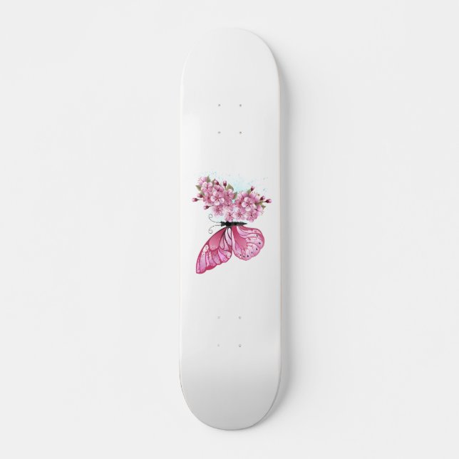 Blume Schmetterling mit rosa Sakura Skateboard (Vorne)
