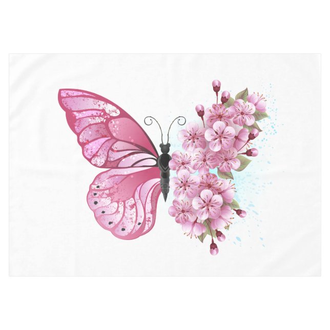 Blume Schmetterling mit rosa Sakura Tischdecke (Vorderseite (Horizontal))