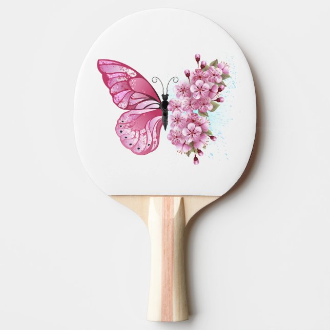 Blume Schmetterling mit rosa Sakura Tischtennis Schläger (Vorderseite)