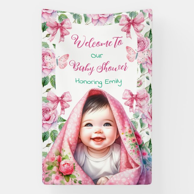 Blume & Schmetterlinge Rosa Babydusche Empfang Banner (Vertikal)