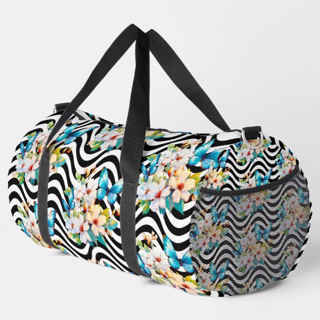 Blume Schmetterlinge, schwarz und weiß Streifen Duffle Bag (Rechte Ecke)