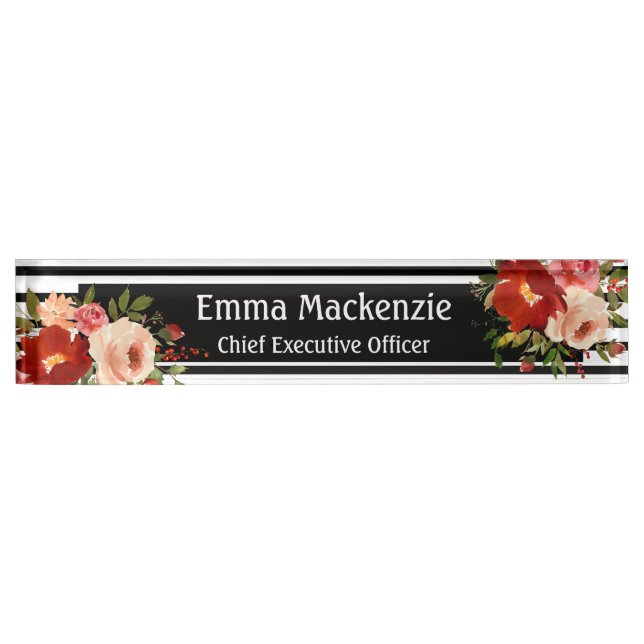 Blume Schwarz und Weiß Namensplakette (Vorderseite)