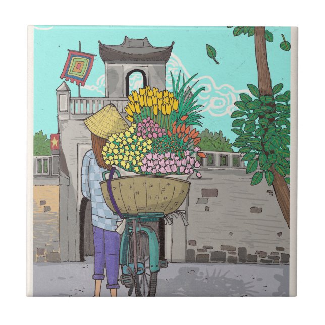 Blume Seller Street Hawker Hanoi Vietnam Fliese (Vorderseite)