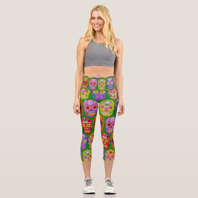 Blume Skulls Nahtloses Muster 2018 Capri Leggings (Vorderseite)