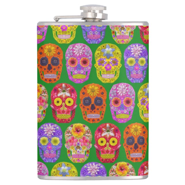 Blume Skulls Nahtloses Muster 2018 Flachmann (Vorderseite)