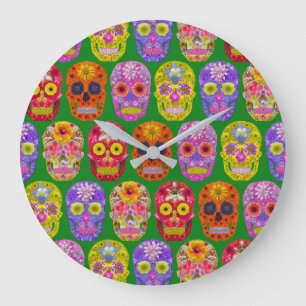 Blume Skulls Nahtloses Muster 2018 Große Wanduhr