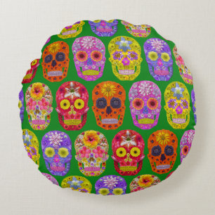 Blume Skulls Nahtloses Muster 2018 Rundes Kissen