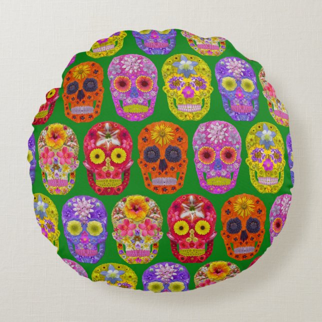 Blume Skulls Nahtloses Muster 2018 Rundes Kissen (Vorderseite)