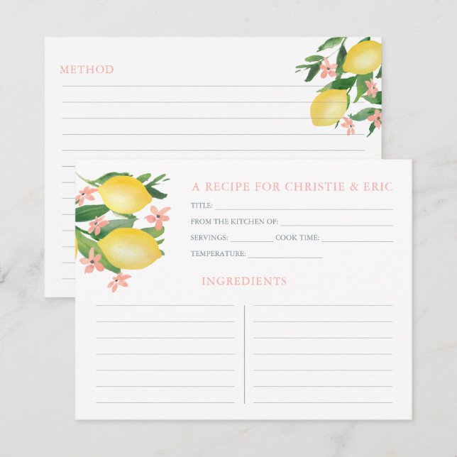 Blume Soft Pink Lemons Dusche Rezeptkarte Einladung (Vorne/Hinten)