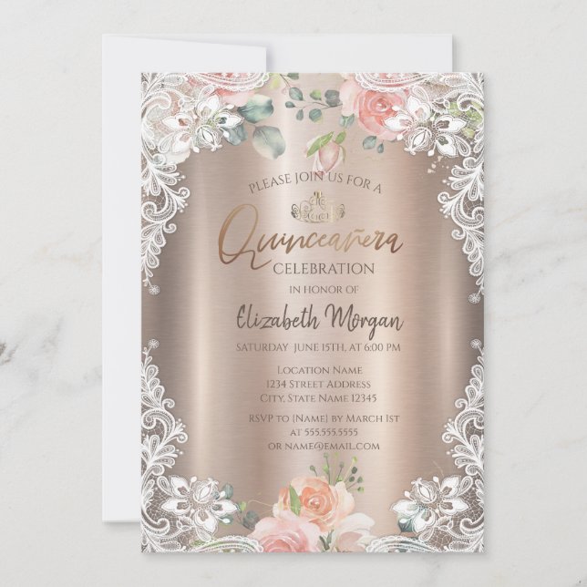 Blume, Spitzen, Tiara Quinceañera Einladung (Vorderseite)