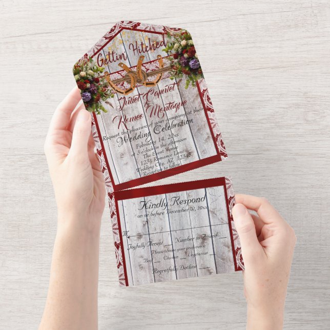 Blume, Spitzen und Hufeisen, rotes Band All In One Einladung (Abreißen)