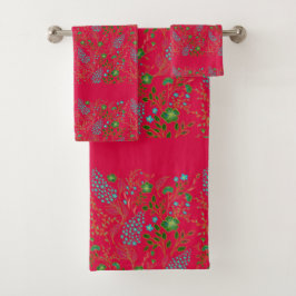 Blume Stickerei Muster zeigen Blume Red Backgr Badhandtuch Set
