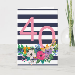 Blume & Streifen Rosa 40 Fröhlicher Geburtstag Karte