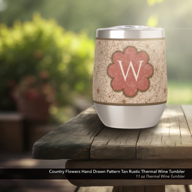 Blume: Tan und Brick Red Mit Monogramm (Country Flowers Wine Tumbler with Hand Drawn Rustic Floral Pattern & Distressed Brick Red Monogram)