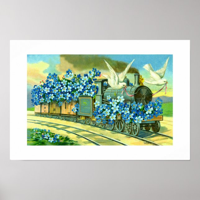 Blume, Tauben und Zug Poster (Vorne)