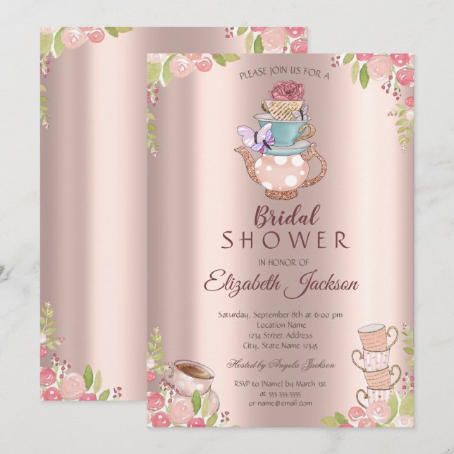 Blume Teapot Rose Gold Brautparty Einladung (Vorne/Hinten)