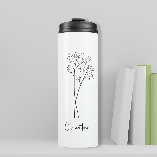 Blume Thermosbecher (Personalized thermal tumbler travel bottle with flower illustration and script typography )