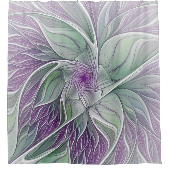 Blume Traum, Abstraktes Lila Grünes Fraktal Kunst Duschvorhang (Vorderseite)