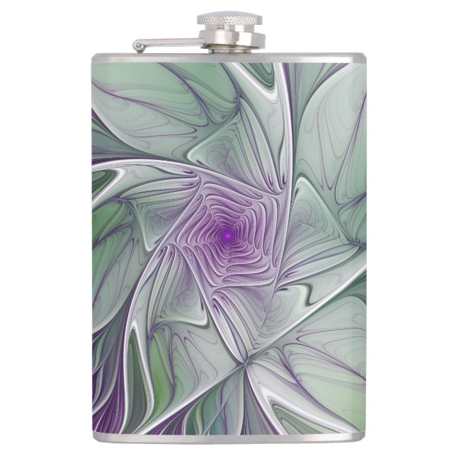 Blume Traum, Abstraktes Lila Grünes Fraktal Kunst Flachmann (Vorderseite)