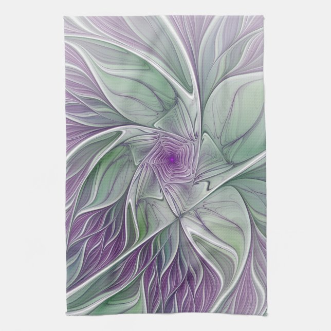 Blume Traum, Abstraktes Lila Grünes Fraktal Kunst Geschirrtuch (Vertikal)