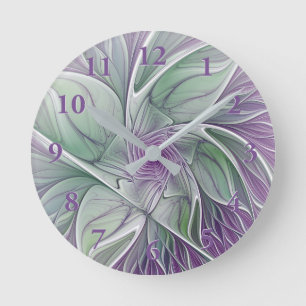 Blume Traum, Abstraktes Lila Grünes Fraktal Kunst Runde Wanduhr