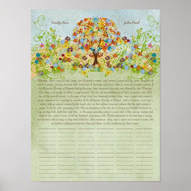 Blume Tree Print Quaker Hochzeitszertifikat Poster (Vorne)