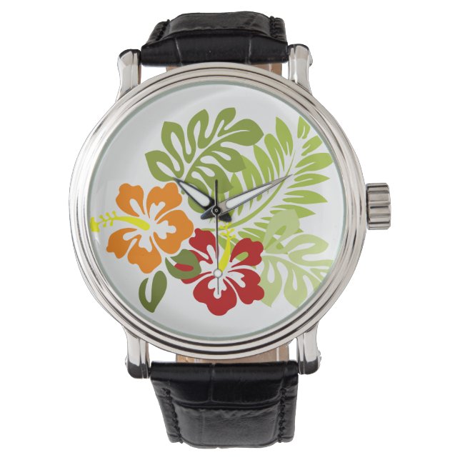 Blume Tropical Blätter Hibiskus Hawaii Red Orange. Armbanduhr (Vorderseite)